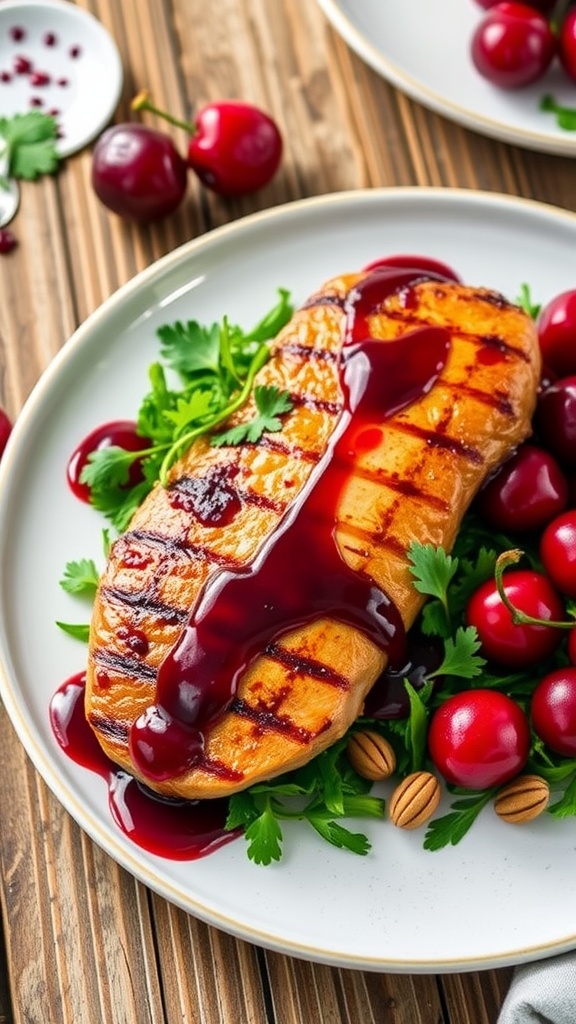Pan-Seared Duck Breast with Cherry Glaze Pan-seared duck breast with cherry glaze, served with greens and garnished with fresh cherries.